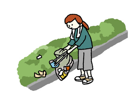 ゴミ拾い 人物,女性,植込み,植木,ゴミ,空き缶,紙くず,マナー,ポイ捨て,汚れるのイラスト素材