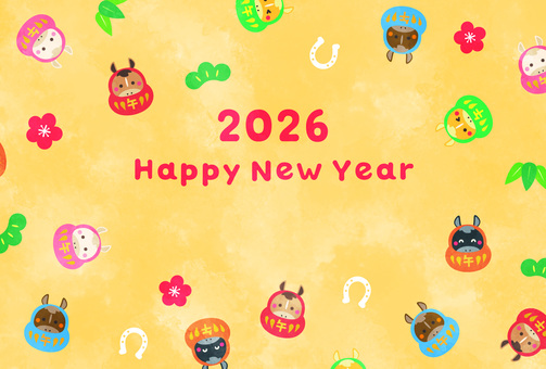 CMYK/午だるまパターンの年賀状/黄 午,だるま,パターン,壁紙,ポップ,ベクター,蹄鉄,梅,竹,松のイラスト素材