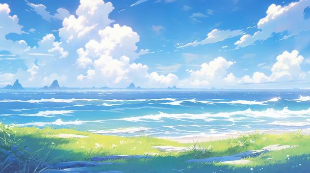 コバルトブルーの海と緑の草地_背景画