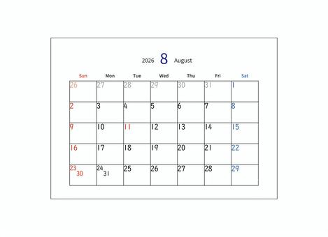カレンダー　8月　2026 カレンダー,8月,august,2026年,令和8年,月間カレンダー,卓上カレンダー,シンプル,曜日,日付のイラスト素材