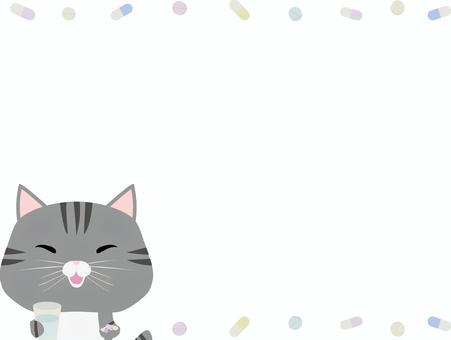 薬_さばとら_フレーム 薬,猫,さばとら,フレーム,枠,カプセル,錠剤,サプリ,水のイラスト素材