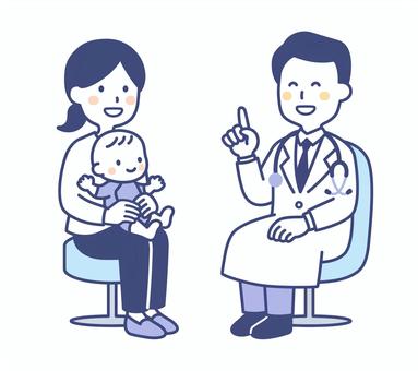 小児科を受診する赤ちゃんとお母さん 小児科,赤ちゃん,母親,親子,医師,医者,受診,診察,診療,乳児健診のイラスト素材