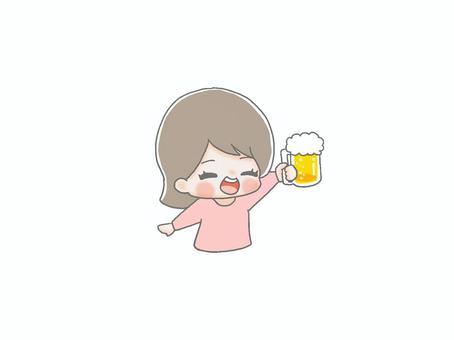 ビールで乾杯２ 手描き,女性,茶髪,乾杯,ビール,お酒,飲み会,打ち上げ,新年会,防汚年会のイラスト素材