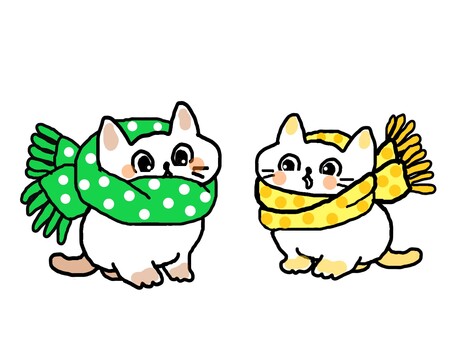 暖かいマフラーで寒さ対策をする猫さん 猫,マフラー,暖かい,冬,可愛い,手描き,セット,楽しい,愛らしい,あしらいのイラスト素材