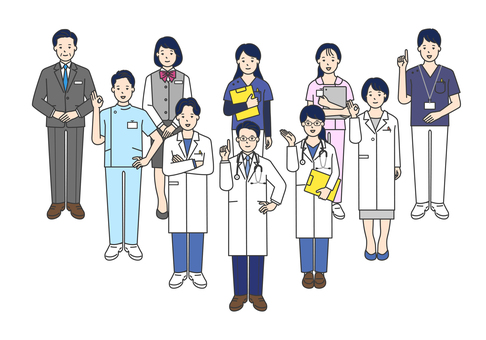 医療従事者のシンプルイラスト素材セット 医師,医者,ドクター,女医,医療従事者,先生,看護師,ナース,白衣,聴診器のイラスト素材