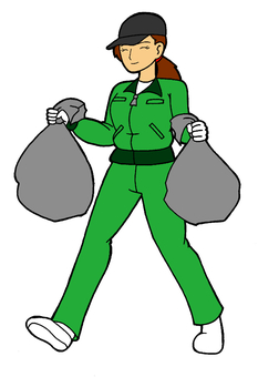 ごみ収集作業員　女性　イラスト 茶髪,女性,ごみ収集,作業員,黒色,帽子,緑色,ジャケット,ズボン,白色のイラスト素材