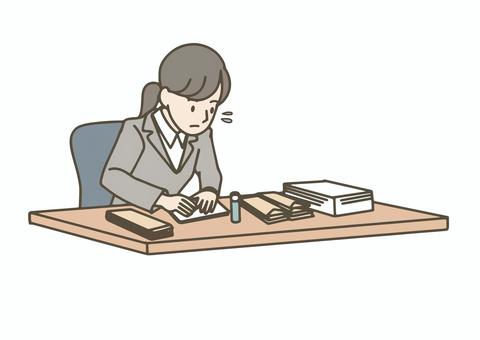 請求書処理に苦戦する女性社 ビジネス,オフィス,デスクワーク,スーツ,社員,請求書,封筒,会計,事務員,オフィスワークのイラスト素材