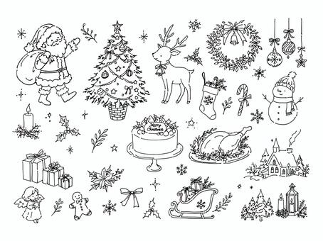 クリスマス　線画セット クリスマス,サンタクロース,トナカイ,手描き,白黒,冬,雪,ケーキ,チキン,ツリーのイラスト素材
