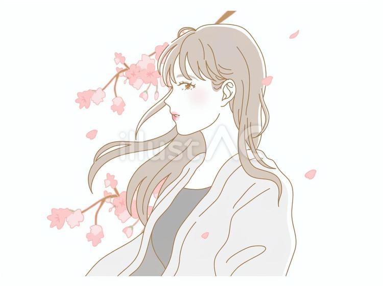 桜とロングヘアーの女性 桜,女性,春のイラスト素材