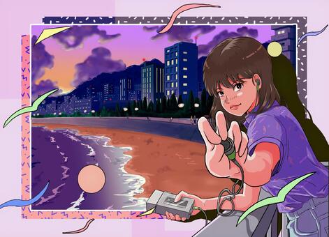 80年代の日本のシティーポップ風イラスト 80年代,シティポップ,昭和,レトロ,都会,夜景,ドライブ,ネオン,ビーチ,海のイラスト素材