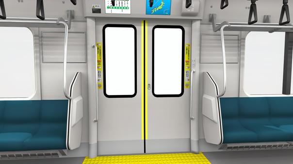 通勤電車の車内（ドア付近・広告なし） 電車,通勤,車内,鉄道,列車,車両,座席,ロングシート,つり革,3dcgのイラスト素材