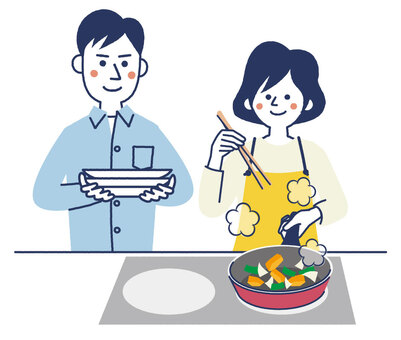 料理する夫婦 料理,夫婦,カップル,フライパン,調理,準備,手伝い,男性,女性,20代のイラスト素材