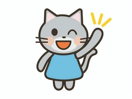 元気に挨拶をするかわいい猫のキャラ 猫,挨拶,返事,かわいい,元気,笑顔,動物,キャラクター,挙手,楽しいのイラスト素材