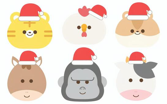 どうぶつサンタ04 動物,アイコン,顔,かわいい,虎,にわとり,鳥,ハムスター,馬,ゴリラのイラスト素材