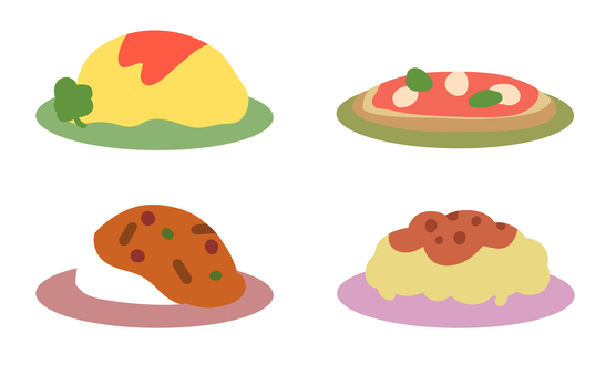 4つのメニュー オムライス,ピザ,カレー,パスタ,スパゲティ,マルゲリータ,卵料理,ランチ,メニュー,シンプルのイラスト素材