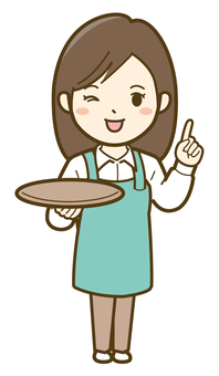 お盆を持って指さす女性店員_25 ビジネス,女性,人物,人,キッチンカー,カフェ,仕事,かわいい,シンプル,イラストのイラスト素材