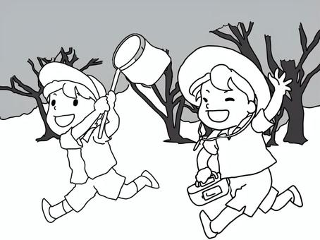 子どもたちの自然体験・アウトドアイラスト 虫取り,虫かご,虫取り網,子ども,自然体験,野外活動,夏の遊び,アウトドアのイラスト素材