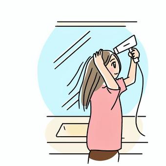 ドライヤーで髪を乾かす 人物,横顔,女性,ロングヘア,ドライヤー,乾かす,洗面台,鏡,手,持つのイラスト素材