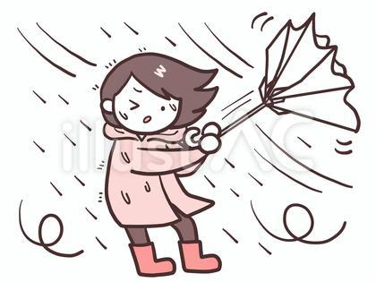 悪天候の中傘をさす女性(ピンク)