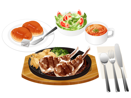 ラムチョップステーキセット2 ステーキセット,ラムチョップステーキ,ファミレス,料理,食べ物,ステーキ,オニオンスープ,サラダ,バターロール,バターのイラスト素材