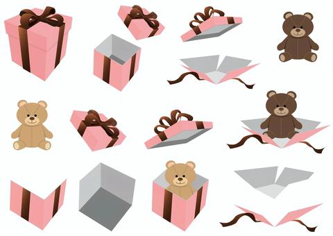 ギフトボックス＆くま セット ギフトボックス,箱,贈り物,くま,ぬいぐるみ,セット,フタ,リボン,開く,空いたのイラスト素材