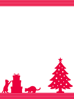 猫とXmasのシルエット背景　レッド・縦 猫,シルエット,クリスマス,ツリー,プレゼント,可愛い,シンプル,カード,グリーディング,レッドのイラスト素材