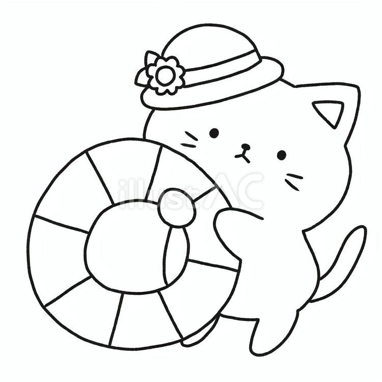 猫と浮き輪 浮き輪,猫,麦わら帽子のイラスト素材