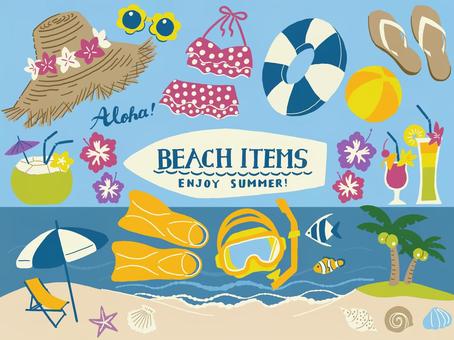 Hand-painted beach item set (color), , JPG, PNG and AI