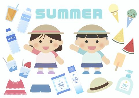 夏と子供 夏と子供 夏,子供,かき氷,アイス,すいか,スポーツドリンク,ミネラルウォーター,帽子,水着,ジュースのイラスト素材