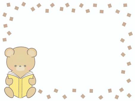 黄色い本読むクマのフレームイラスト線あり クマ,本,動物,かわいい,シンプル,模様,フレームのイラスト素材