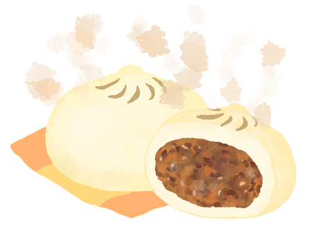 【水彩風手描き】にくまん２（湯気あり） 肉まん,にくまん,豚まん,中華まん,包子,肉まんじゅう,ほかほか,湯気,水彩風,手描きのイラスト素材