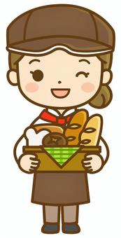 カゴを持つパン屋の女性(全身図) パン屋,パン屋さん,パン,ベーカリー,店員,従業員,スタッフ,仕事,職業,女性のイラスト素材