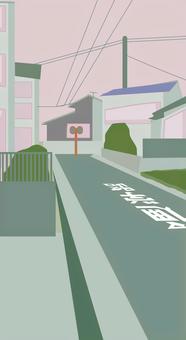 住宅地　　 住宅地,民家,町中,道路,遠近,地方,風景,電線,抽象的,配色のイラスト素材