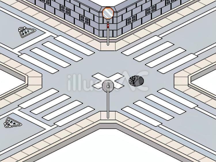 【ドット絵】　小規模な交差点と装飾 道路,交差点,横断歩道のイラスト素材