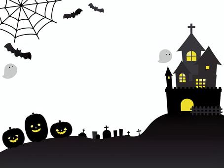 ハロウィンお城シルエットフレーム ハロウィン,夜,お城,家,シルエット,シンプル,フレーム,カボチャ,ジャック・オー・ランタン,おばけのイラスト素材