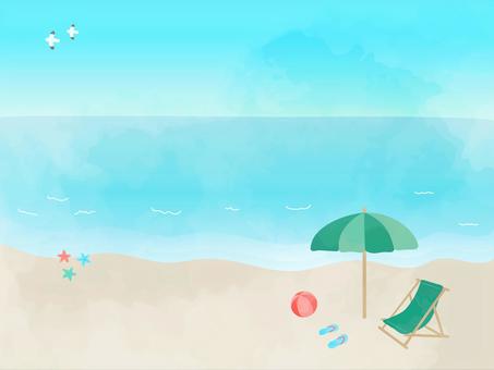 夏のビーチのイラスト01 海,夏,ビーチ,砂浜,海岸,パラソル,ビーチチェア,ビーチサンダル,ビーチボール,珊瑚のイラスト素材