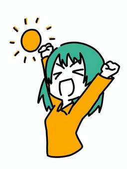 朝日を浴びる女の子 デフォルメ,シンプル,透過,女の子,太陽,パジャマ,伸びのイラスト素材