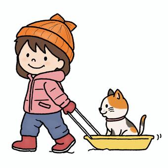 ソリで遊ぶ女の子と猫 子供,女の子,少女,幼児,児童,小学生,ネコ,子猫,動物,アニマルのイラスト素材