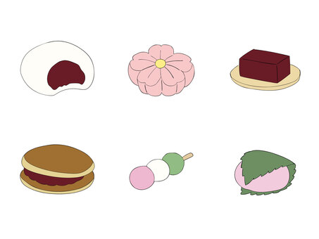 和菓子6種類のイラストセット 和菓子,大福,団子,三色団子,羊羹,あんこ,どら焼き,桜餅,お菓子,お供えのイラスト素材