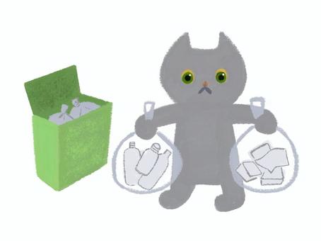 ゴミ出し 猫,1匹,プラ,ゴミ袋,収集場のイラスト素材