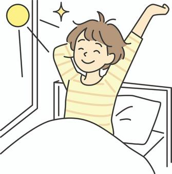 朝目覚めてベットで背伸びをする女性 人物,女性,若い女性,目覚め,朝,背伸び,おはよう,爽快,笑顔,モーニングのイラスト素材
