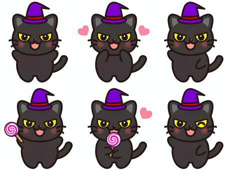 ハロウィン黒猫のイラスト素材セット2 黒猫,猫,動物,帽子,全身,正面,飴,お菓子,食べ物,ベクターのイラスト素材