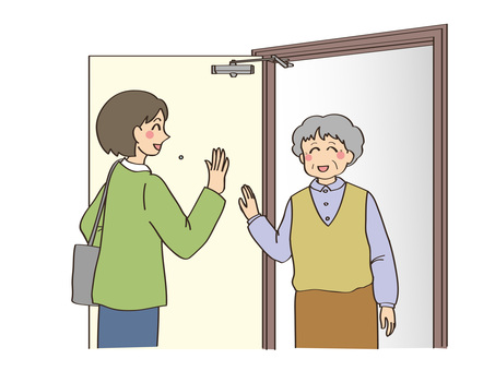 訪問2 福祉,介護,訪問,女性,年配,玄関,職員,家族,高齢女性,独り住まいのイラスト素材