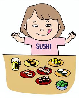 お寿司を一気に頼む女性2 回転寿司,寿司,女性,握り,軍艦,ビール,枝豆,うに,玉子,サーモンのイラスト素材