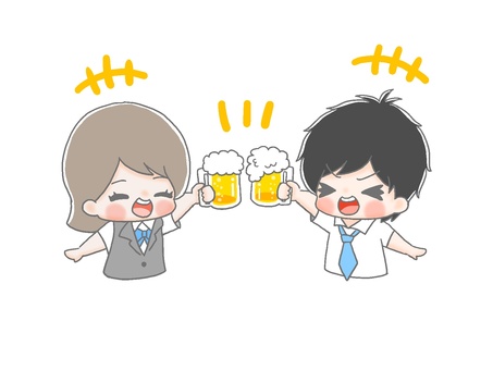 ビールで乾杯二人３ 手描き,男性,女性,黒髪,茶髪,会社員,仕事,ol,ネクタイ,yシャツのイラスト素材