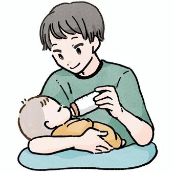 哺乳瓶でミルクをあげるお父さんと赤ちゃん 授乳,ミルク,哺乳瓶,お父さん,パパ,赤ちゃん,乳児,新生児,育児,子育てのイラスト素材