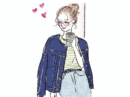 女性 女性,コーヒー,デニム,ジャケット,めがねのイラスト素材
