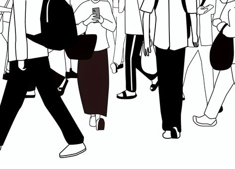 歩行者足元　 歩行者,足元,歩く,雑踏,地面,靴,人物,沢山,白黒のイラスト素材