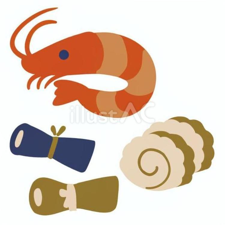 おせちのあしらい えび,昆布巻き,かまぼこのイラスト素材