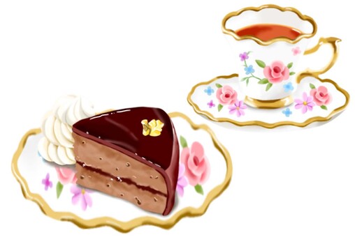 ザッハトルテとおしゃれなカップの紅茶 ザッハトルテ,チョコレート,ケーキ,生クリーム,紅茶,喫茶,カフェ,おやつ,甘い,美味しいのイラスト素材